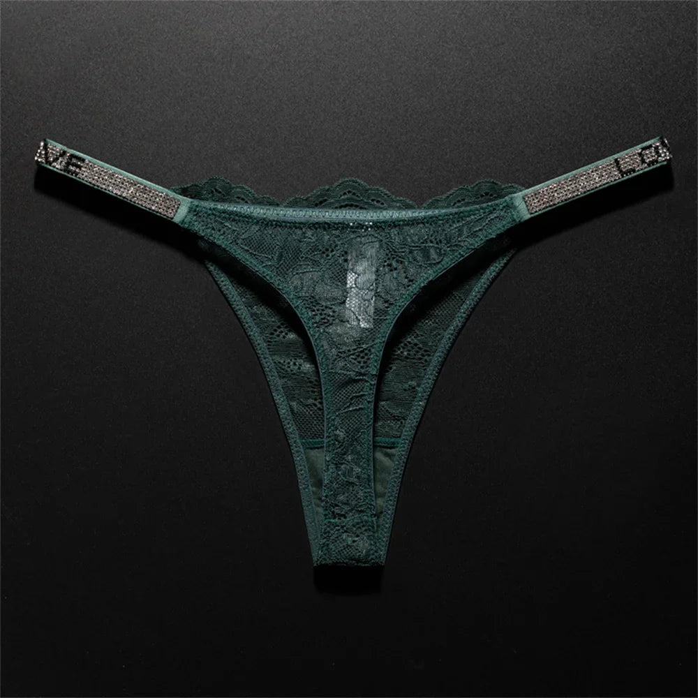 Women's Crystal Lace Thong - Sheer Transparent Breathable T-Back Lingerie Plus Size S-XL