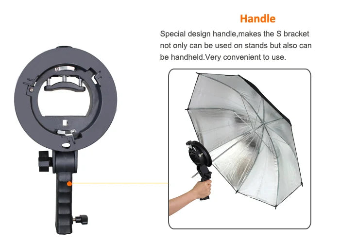 Handheld S-Type Bracket Holder with Bowens Mount — Compatible with Speedlite Flash, Softbox, Snoot & Umbrella