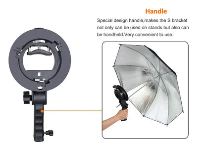 Handheld S-Type Bracket Holder with Bowens Mount — Compatible with Speedlite Flash, Softbox, Snoot & Umbrella