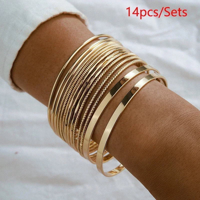 12Pcs Punk Curb Cuban Chain Bracelet Set for Women – Gold Miami Boho Thick Charm Bangles Fashion Jewelry
