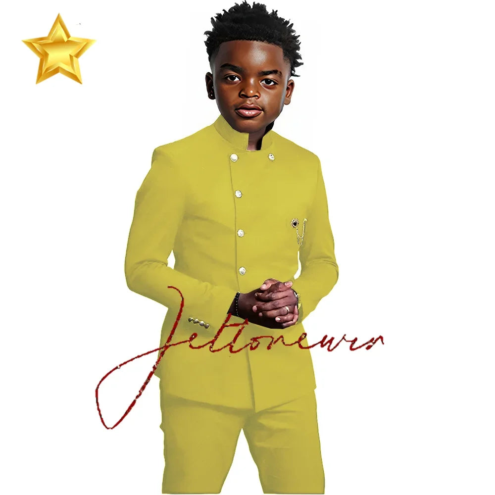 African Style Boys Suit - Stand Collar Blazer and Pants 2 Piece Casual Business Kids Formal Wear