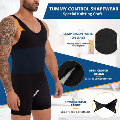Men’s Sleeveless Bodysuit Shaper — Full Body Compression Undershirt, Tummy Control Slimming Vest Shapewear