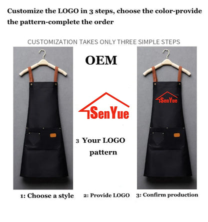 Customized Embroidery Kitchen Apron – Waterproof Bib with Logo, Signature, Pockets, and Waist Bag for Home Chefs & Bakers