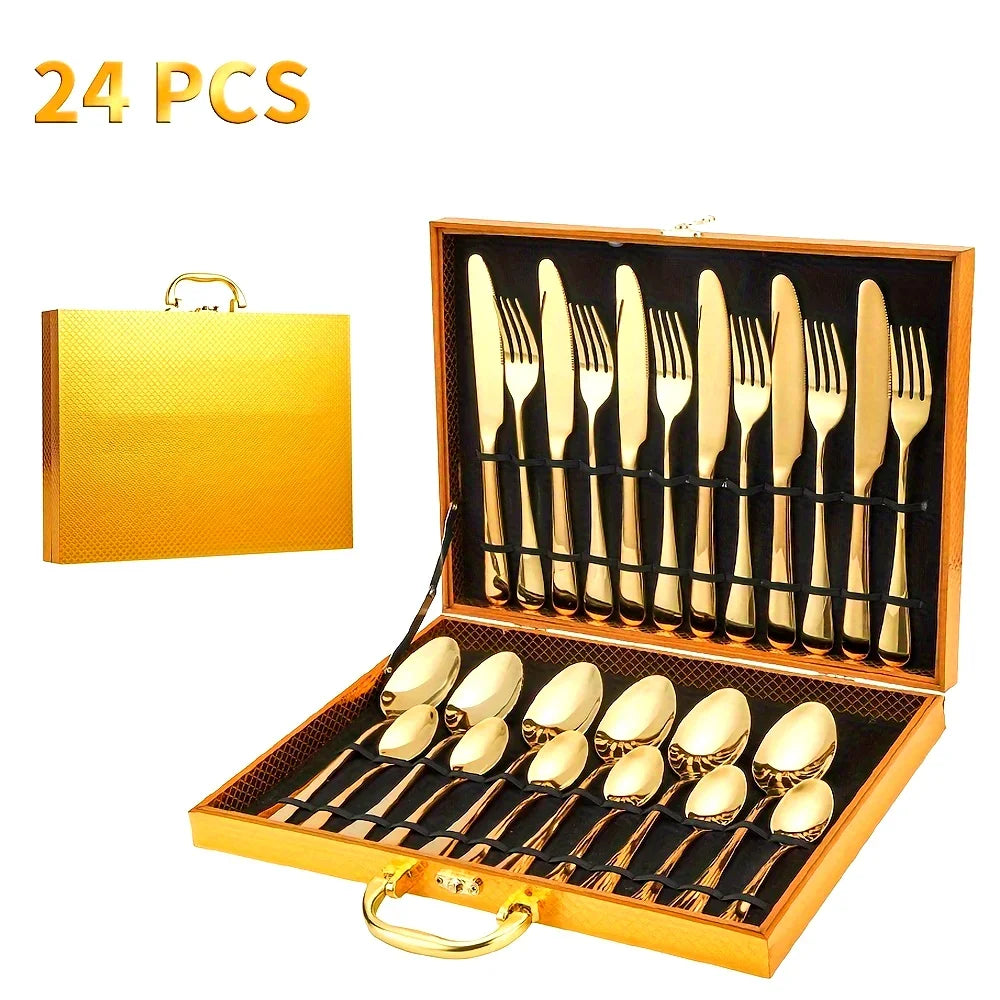 24-Piece Stainless Steel Black Flatware Set — Elegant Knife, Fork & Spoon Cutlery with Mirror Polish, Gold Accents, Dishwasher Safe