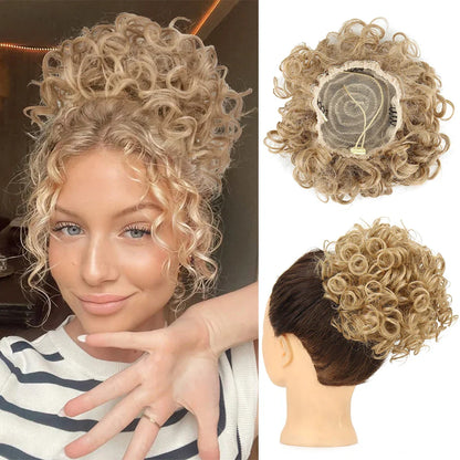 Synthetic Messy Bun Hair Piece – 60g Elastic Drawstring Curly Wave Hair Bun Extension for Women (Dark Brown)