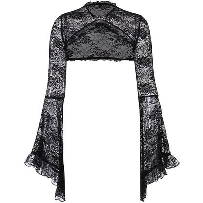 Lace Gothic See-Through Shrug Top – Black Flare Sleeve Crop Top, Vintage Punk Style for Women