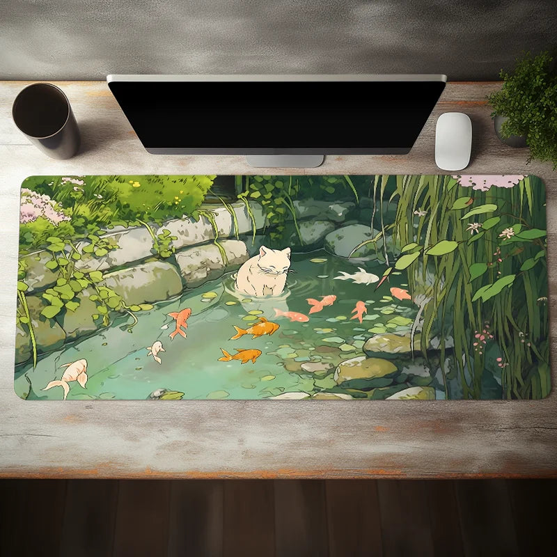 Cute Cartoon Cat Fish Mouse Pad – Large Green Anti-Slip Rubber Desk Mat, Perfect Gift for Women & Girlfriend