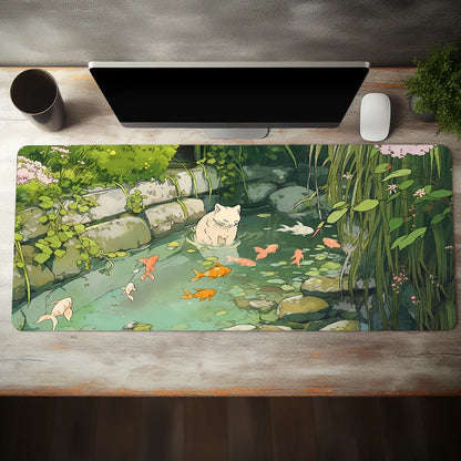 Cute Cartoon Cat Fish Mouse Pad – Large Green Anti-Slip Rubber Desk Mat, Perfect Gift for Women & Girlfriend