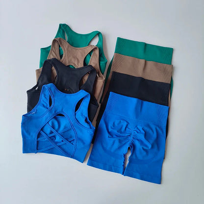 2-Piece Women’s Seamless Yoga Set – Sexy Sport Bra & High-Waist Shorts, Sleeveless Gym Fitness Workout Sportswear