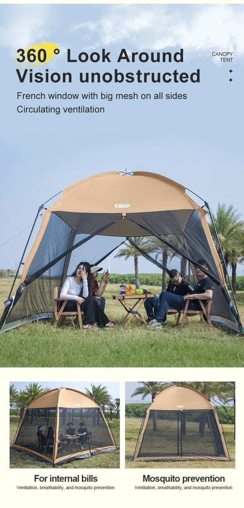 Outdoor Camping Mesh Tent – Rainproof, Sunscreen, Mosquito-Proof, Picnic & Beach Sunshade for 10 People