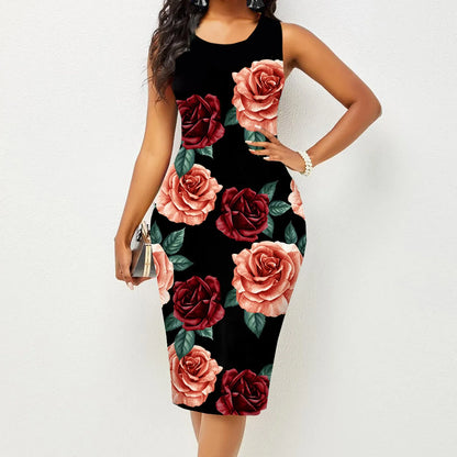Women’s Spring & Summer Sleeveless Printed Wrap Hip Dress – New Fashion Elegant Casual Summer Outfit for Women