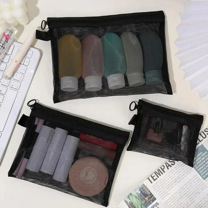 1/3PCS Black Mesh Clear Cosmetic Bag Set Portable Travel Makeup Toiletry Organizer Pouch Storage Case