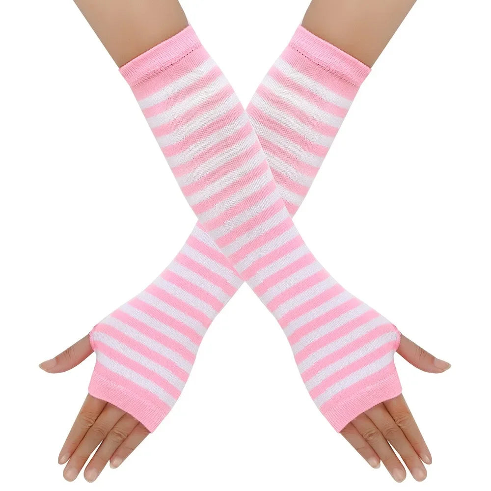 Warm Knitted Long Fingerless Gloves – Striped Elbow Mittens for Women, Fashion Christmas Gift