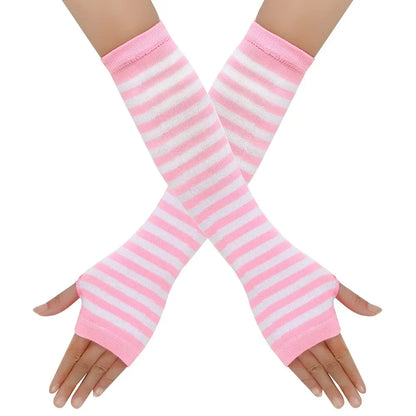 Warm Knitted Long Fingerless Gloves – Striped Elbow Mittens for Women, Fashion Christmas Gift