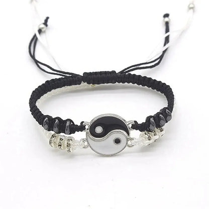 Couple Tai Chi Bracelet Set – Black & White Adjustable Rope Chain Jewelry for Daily Wear, Simple Style