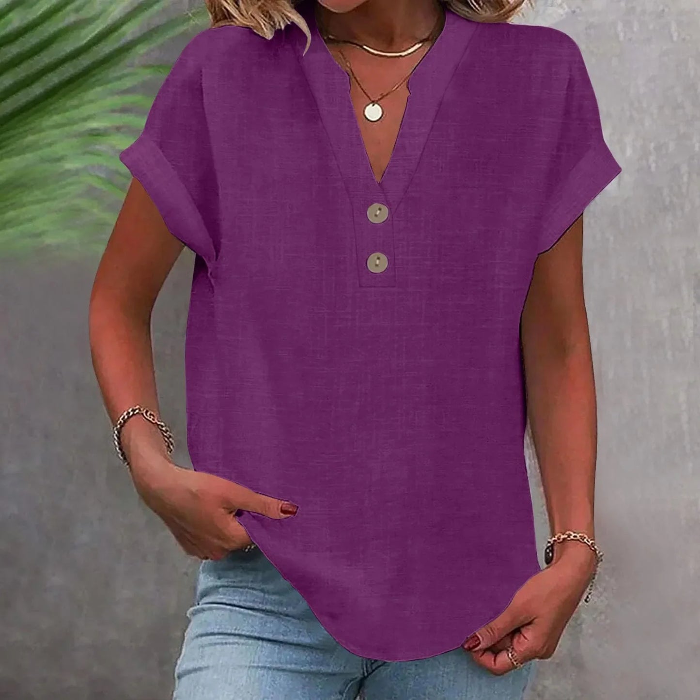 Women’s Cotton Linen Button-Down V-Neck Shirt – Breathable Solid Color Summer Office Casual Top 2025