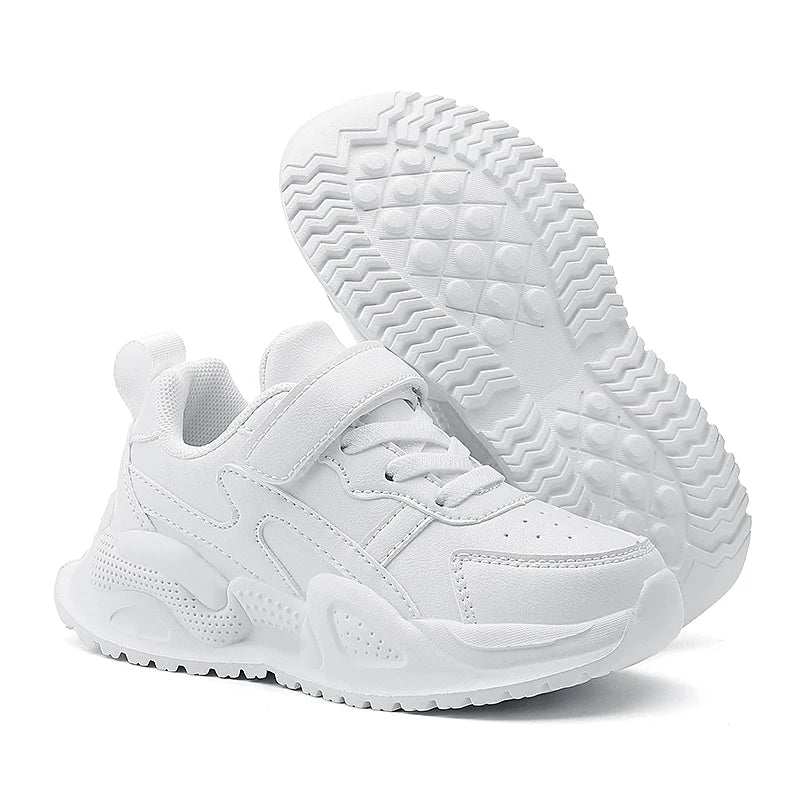 White Kids Leather Casual Shoes — Boys & Girls Outdoor Running Sneakers, Breathable Mesh, Non-Slip School Walking Sport Shoes