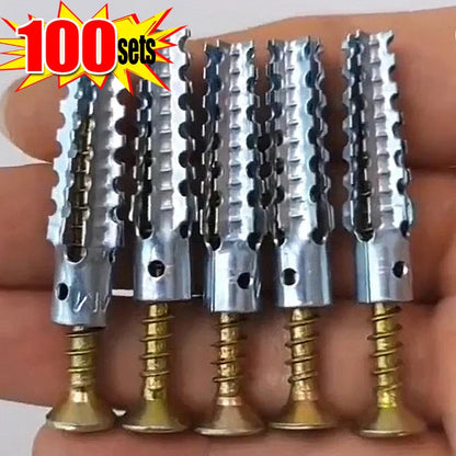 100/10 Sets Metal Serrated Expansion Tube with Self-Tapping Screws — Concrete Wall Anchor Bolt Kit