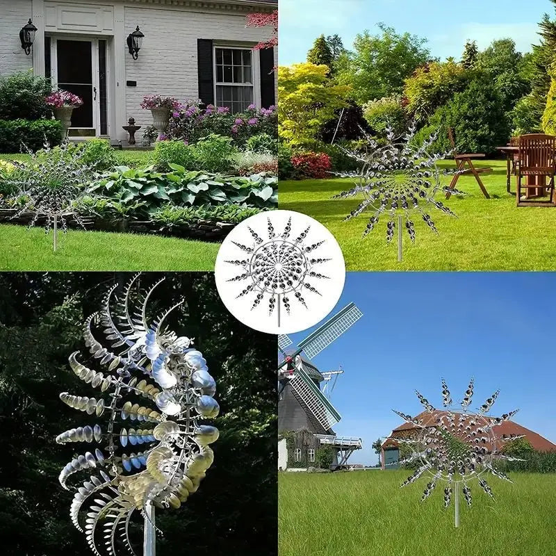 Metal Silvery 3D Wind Spinner — Circular Plate Outdoor Decoration for Garden, Courtyard & Patio