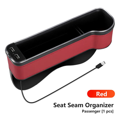 Car Crevice Storage Box with 2 USB Charger – LED Seat Gap Organizer, Phone, Bottle, and Cup Holder