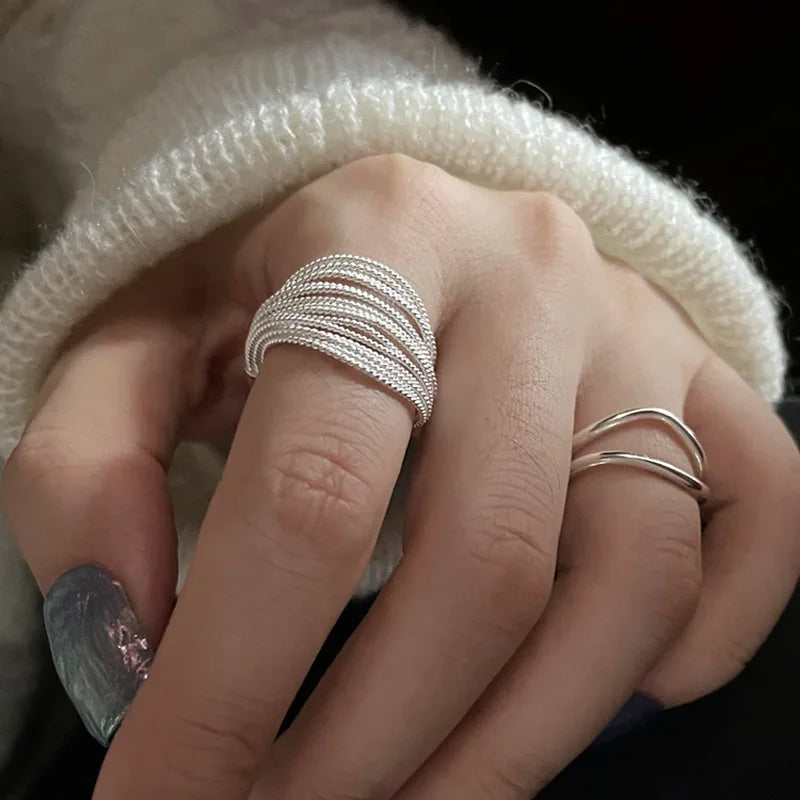 925 Sterling Silver Adjustable Ring — Unique Line Design for Women, Vintage Jewelry Gift