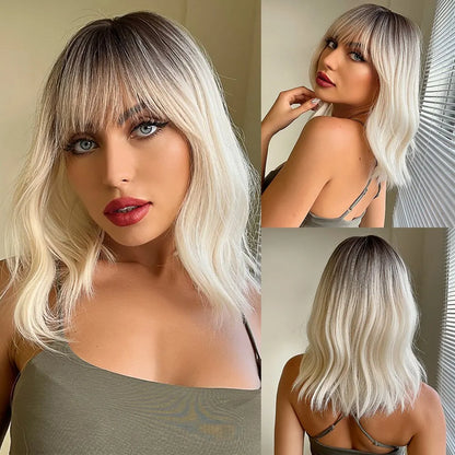 Women’s Grey Wavy Bob Wig with Bangs — Short Blonde Ombre Synthetic Hair with Dark Roots for Daily Wear