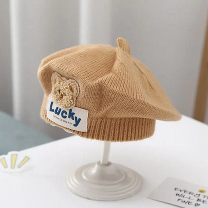 Flower Baby Beret Hat – Winter Warm Knitted Beanie for Infant & Toddler Girls, Korean Princess Artist Painter Cap Solid Color