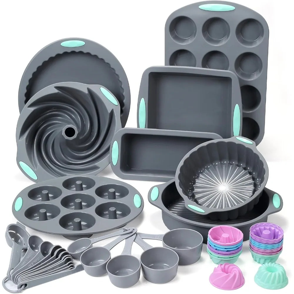 49 Piece Silicone Bakeware Set - Heat Resistant Baking Pans, Bread and Muffin Molds with Measuring Cups and Spoons
