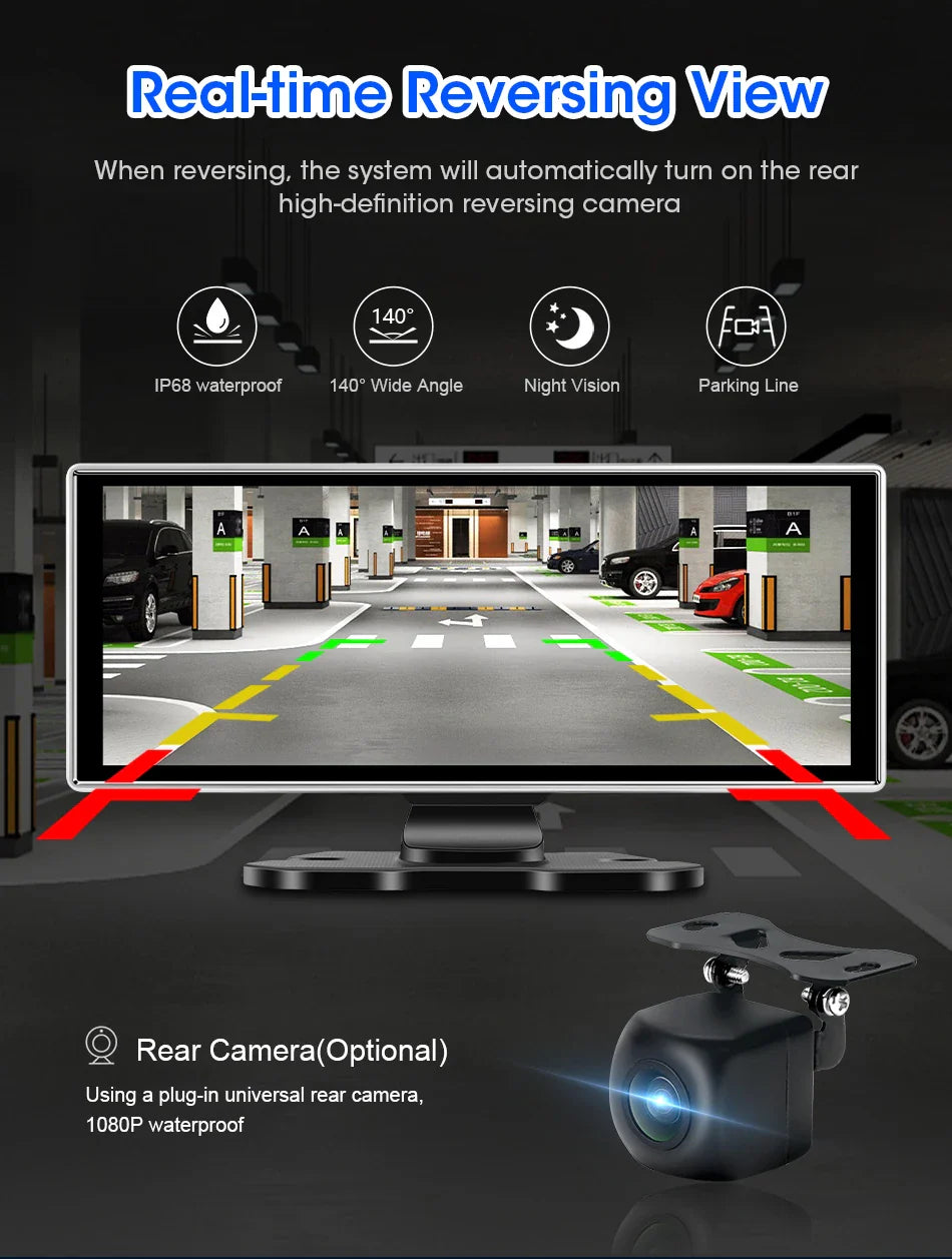 10/11.26" 4K Dash Cam — Dual-Lens Car DVR with Wireless CarPlay, Android Auto, GPS, WiFi, FM & AUX Video Recorder