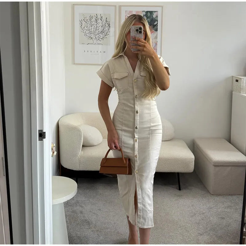 Women’s Chic White Denim Dress – Casual Lapel Long Slim Maxi, Single-Breasted Short Sleeve Summer Dress