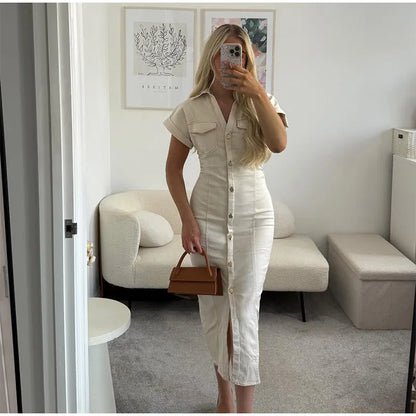 Women’s Chic White Denim Dress – Casual Lapel Long Slim Maxi, Single-Breasted Short Sleeve Summer Dress