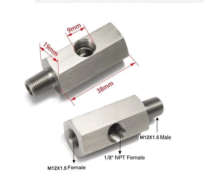 Stainless Steel Oil Pressure Sensor Connector — Side Hole Tee Adapter for 1/8"NPT, 1/4"NPT, M10, M12, M14 Feed Line Gauge