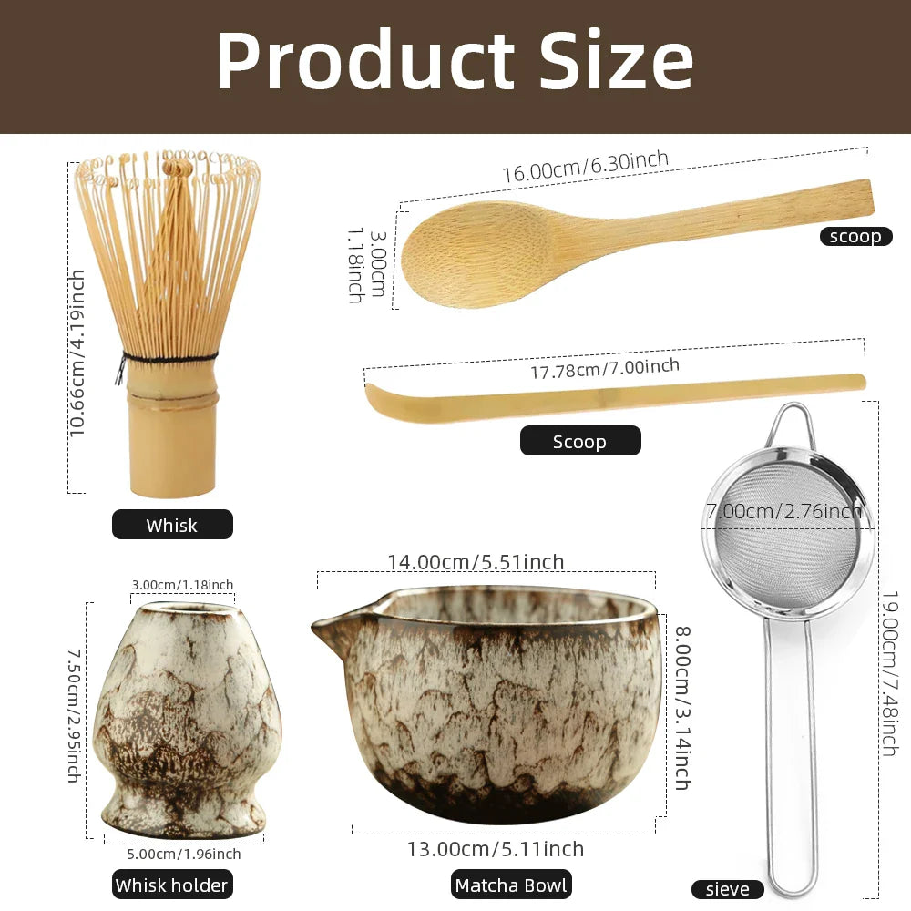 6PCS Japanese Matcha Tea Set – Bamboo Whisk, Teaspoon, Bowl & Whisk Holder for Tea Lovers, Tea-Making Tools