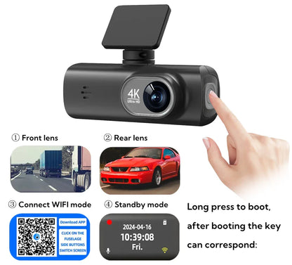 UHD 4K Dash Cam Dual Lens – 1080P Rear Lens, Built-in WiFi, GPS, 24-Hour Parking Monitoring Car DVR