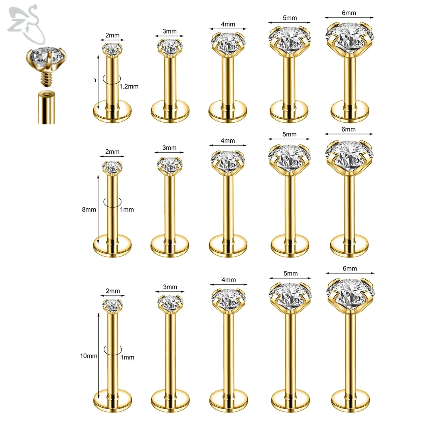 AOEDEJ 10PCS Gold Stainless Steel Labret Lip Studs – 16/18G CZ Crystal Helix, Cartilage & Tragus Piercings (2–6mm)