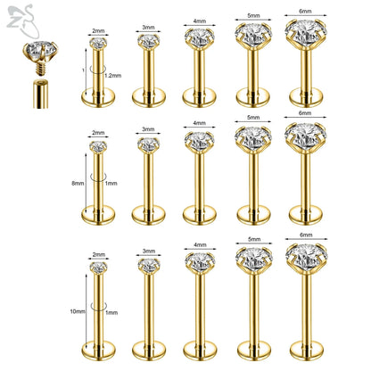 AOEDEJ 10PCS Gold Stainless Steel Labret Lip Studs – 16/18G CZ Crystal Helix, Cartilage & Tragus Piercings (2–6mm)