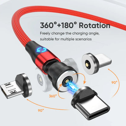 3-in-1 Magnetic Charging Cable — Micro USB & Type-C with 540° Rotate LED for Xiaomi, Samsung, Huawei, iPhone