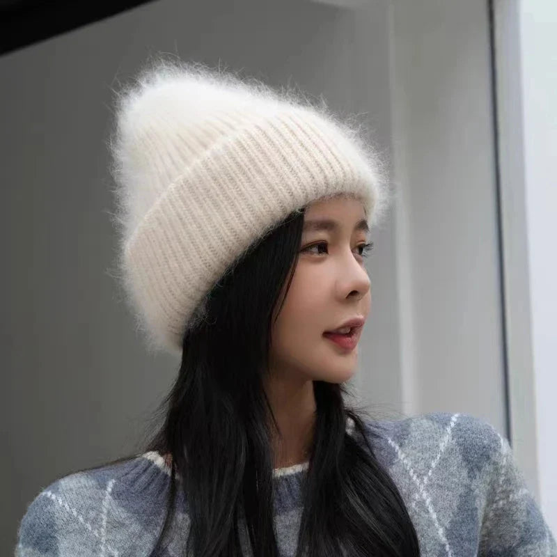 2024 Rabbit Fur Beanie – Soft Fluffy Winter Hat for Women, Angora Knitted Skullies, Warm Bonnet Knit Cap