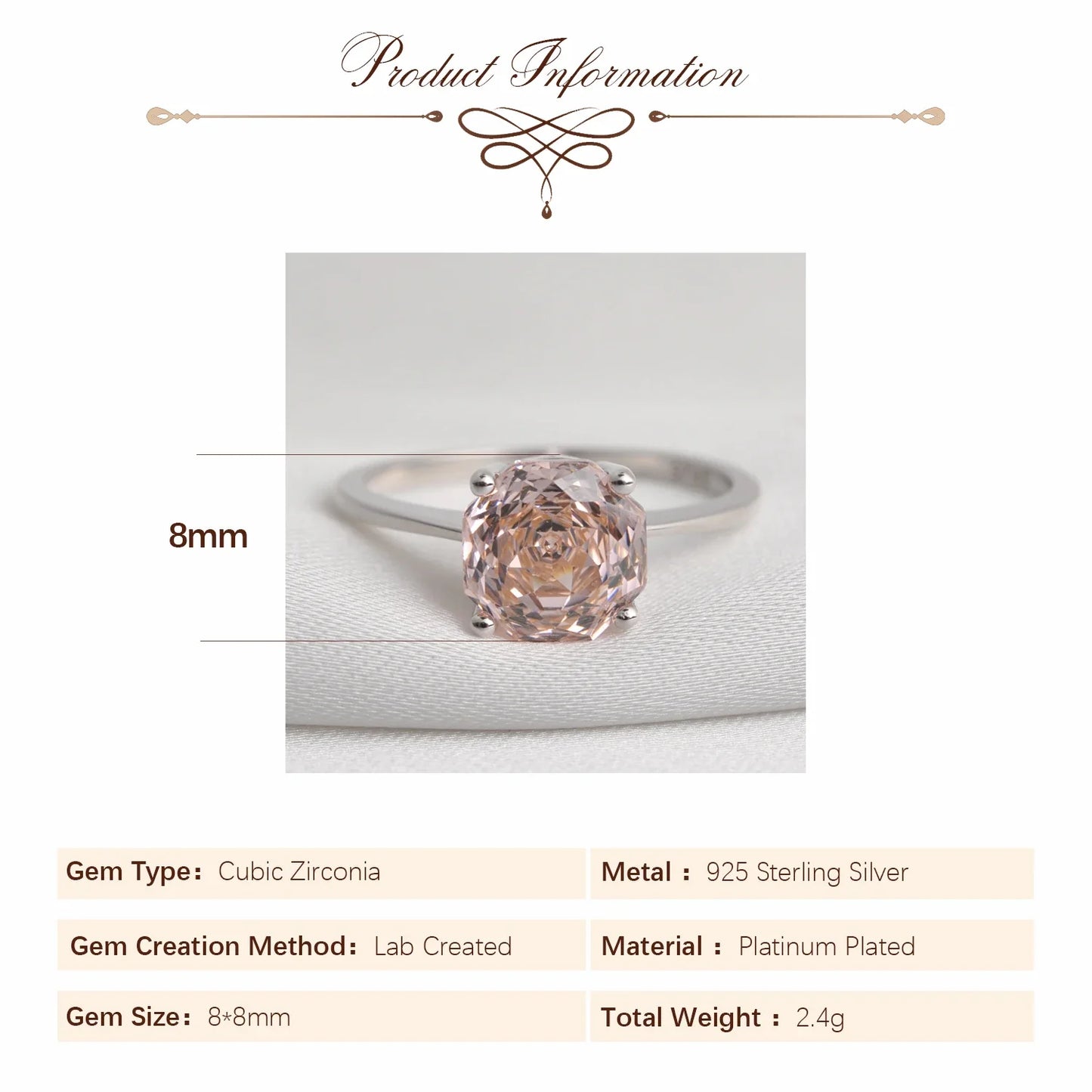 Potiy 2ct Octagon Rose Cut Morganite Pink CZ Solitaire Ring – 925 Sterling Silver Women’s Jewelry Gift with Certificate