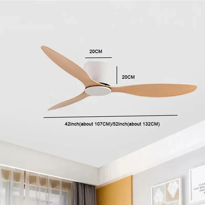 42-52 Inch Ceiling Fans with DC Motor — Remote Control Low Floor Cooling Fans, No Light, White Wood & Black Options