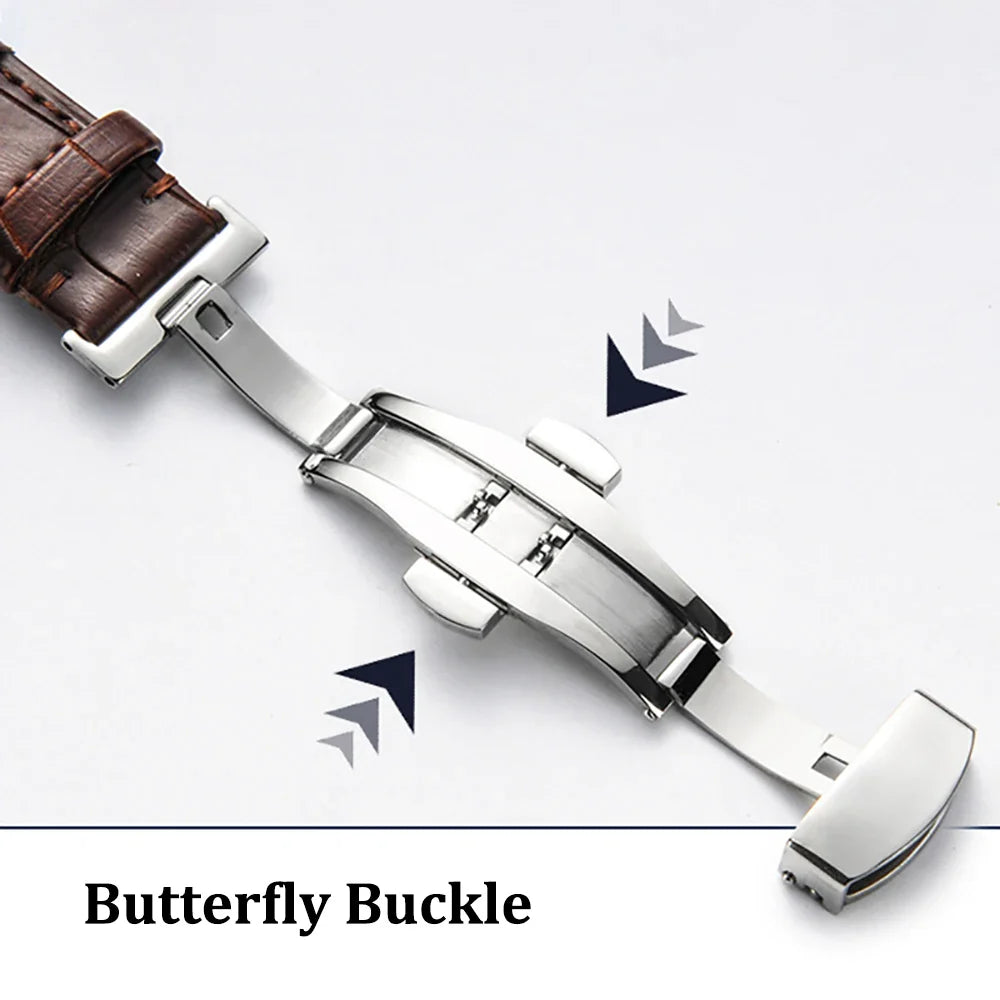 Genuine Leather Watch Strap with Wooden Box – Butterfly Clasp Bracelet 18-24mm Wristband