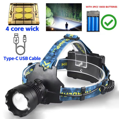Super Bright 4-LED Zoom Headlamp – Long Range Powerful Spotlight Headlight Flashlight for Outdoor Fishing, Camping & Night Use