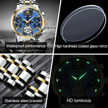 OLEVS Men's Automatic Mechanical Watch – Waterproof Stainless Steel Business Wristwatch with Skeleton Calendar