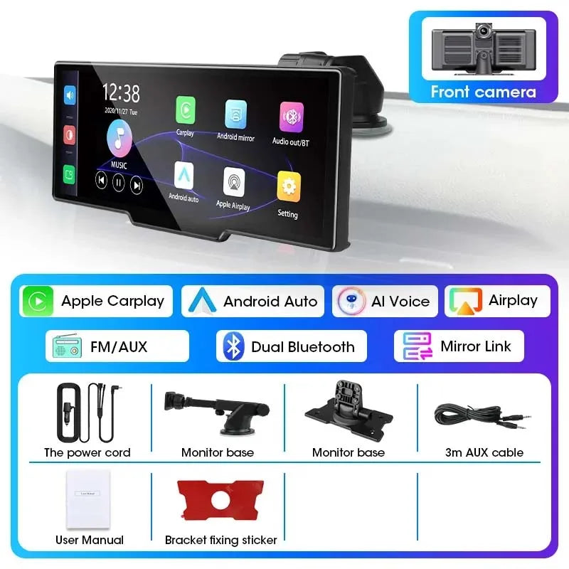 10.26'' 4K Car DVR Dashcam with CarPlay, Android Auto, Dual Lens Front 4K + Rear 1080P, Voice Control, GPS, BT, FM