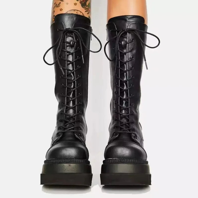 Women’s Winter Platform Combat Boots – Black Leather Punk Goth Military Ankle Booties