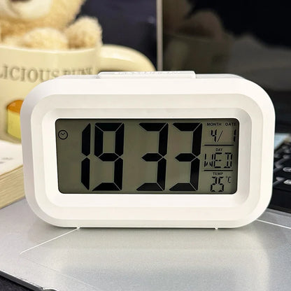 Smart Digital Alarm Clock – Black & White LCD with Temperature, Calendar, Timer & LED Light for Bedroom or Office (No Battery)