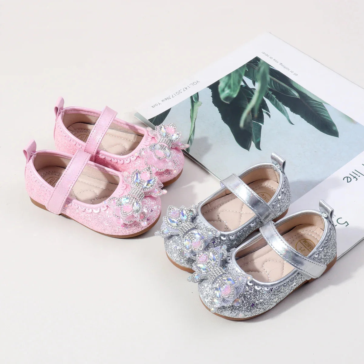 Baby Girls Crystal Princess Shoes - Soft TPR Sole Leather Flats for 0-3Y