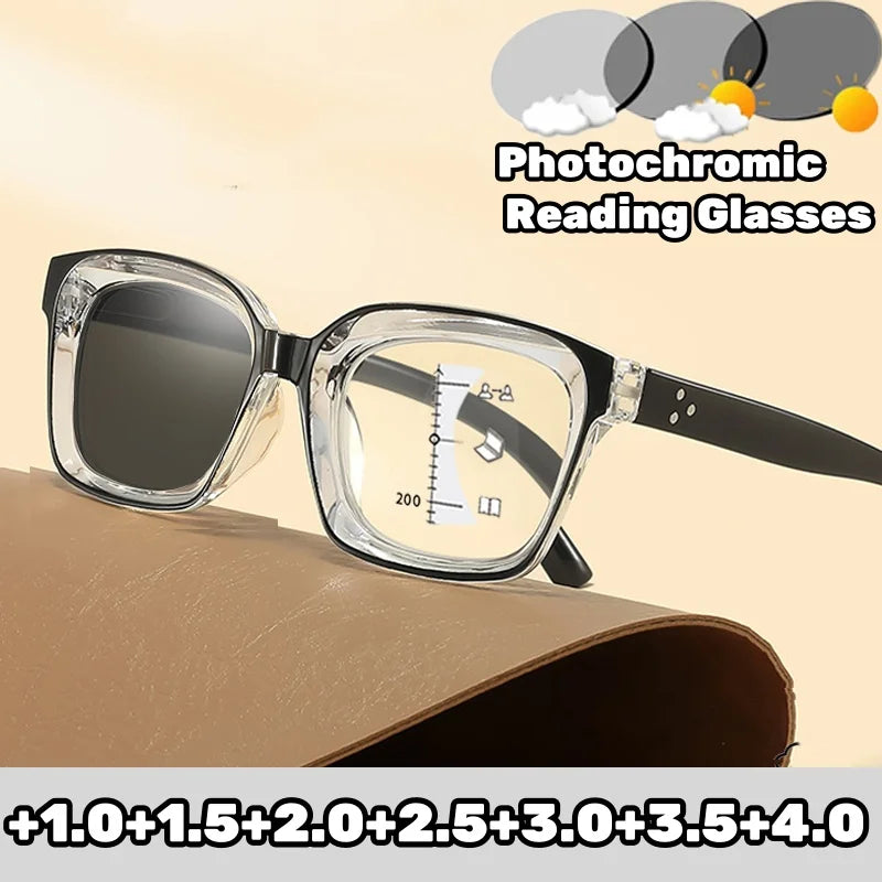 Photochromic Multifocal Reading Glasses – Ultralight Progressive Square Frame Anti-UV Presbyopia Eyewear for Men & Women
