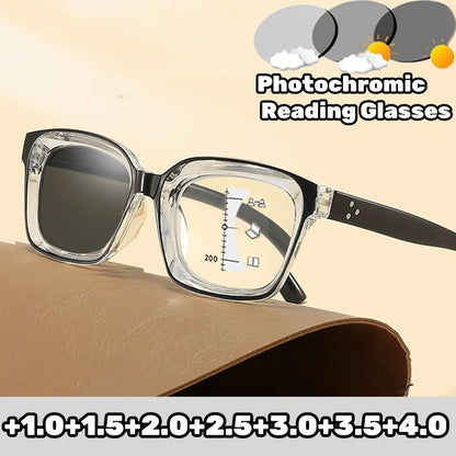 Photochromic Multifocal Reading Glasses – Ultralight Progressive Square Frame Anti-UV Presbyopia Eyewear for Men & Women