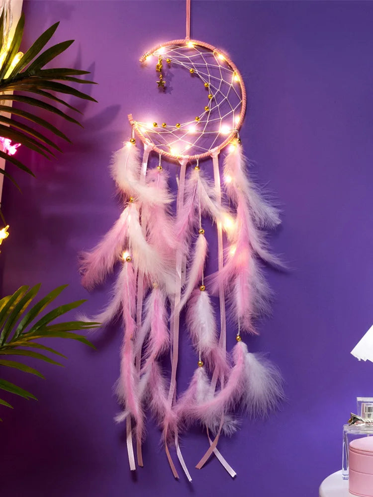 Hand-Woven Moon Dream Catcher Feather Wind Chimes - Bedroom Wall Hanging Ornaments for Home Decoration, Birthday and Festival Gifts, Crafted with Love